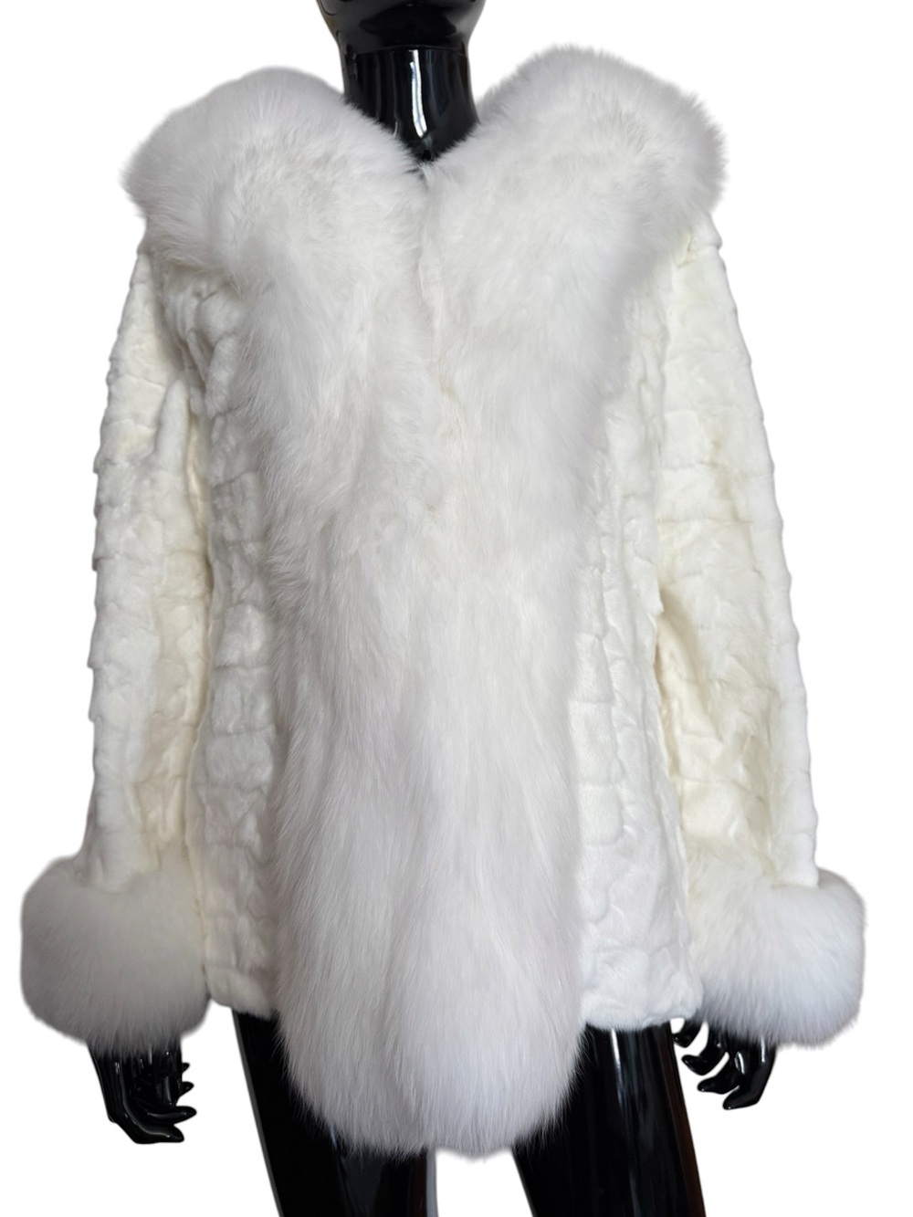 White mink fur coat with white fox trim